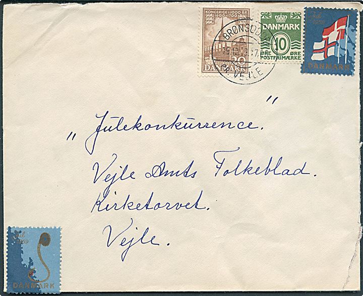 10 øre Bølgelinie og 20 øre 1000 års udg. på brev annulleret med pr.-stempel Brønsodde pr. Vejle d. 19.12.1959 til Vejle.