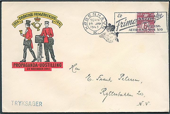 5 øre Bølgelinie på illustreret kuvert fra Brønshøj Frimærkeklub sendt som lokal tryksag i København d. 25.1.1943. Sort kronet posthorn tryksagskontrolstempel.