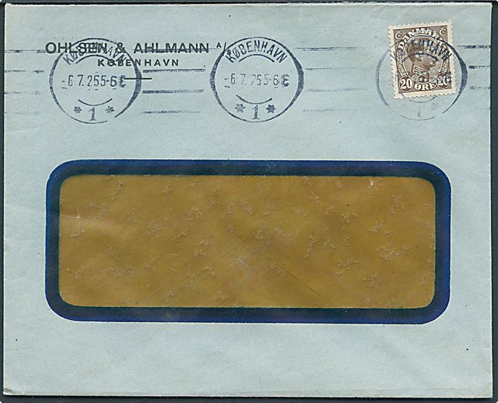 20 øre Chr. X med perfin O&A på rudekuvert fra firma Ohlsen & Ahlmann A/S i København d. 6.7.1925.