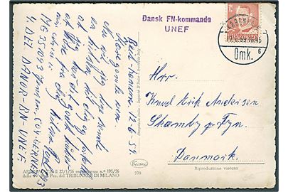 30 øre Fr. IX (yderligt placeret) på brevkort dateret Beit Hanun i Gaza d. 12.6.1959 stemplet København d. 17.6.1959 og sidestemplet Dansk FN-Kommando UNEF til Skamby, Danmark. Fra FN-soldat ved Coy Gerner, DANOR BN, UNEF.