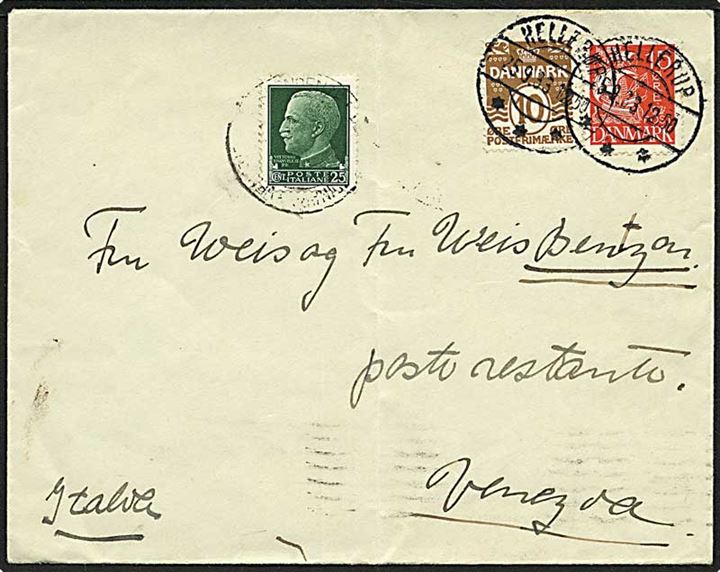 10 øre Bølgelinie og 15 øre Karavel på brev fra Hellerup d. 25.9.1933 til Poste Restante i Venezia, Italien. Påsat italiensk 25 c. mærke (poste restante gebyr).