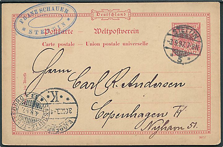 10 pfg. helsagsbrevkort fra Stettin d. 3.9.1897 via svensk sejlende bureau Sassnitz - Trelleborg *B* d. 4.9.1897 til København, Danmark.