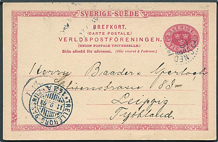 10 öre helsagsbrevkort fra Lund annulleret med bureaustempel PKXP 62C NED d. 10.9.1903 via sejlende bureau Trelleborg - Sassnitz * 142 A * d. 11.9.1903 til Leipzig, Tyskland.