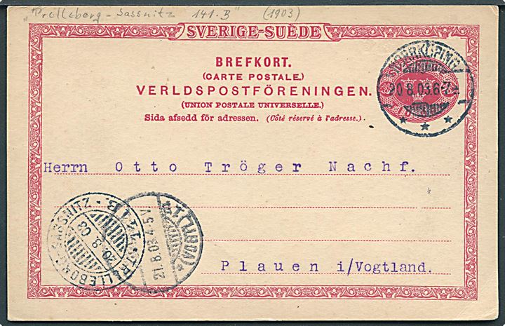 10 öre helsagsbrevkort fra Norrköping d. 20.8.1903 via sejlende bureau Trelleborg - Sassnitz * 141 B * d. 20.8.1903 til Plauen, Tyskland.