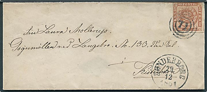 4 sk. 1858 udg. på brev annulleret med nr.stempel 71 og sidestemplet antiqua Sønderborg d. 29.12.1861 til Kjøbenhavn.