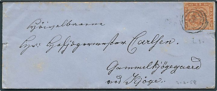 4 sk. 1858 udg. på brev annulleret med svagt nr.stempel 30 og på bagsiden sidestemplet antiqua Horsens d. 3.2.1858 til Gammelkjøgegaard pr. Kjøge.