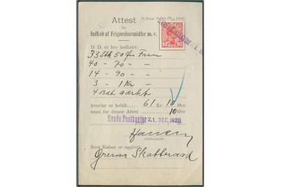 10 øre Chr. X annulleret med kontorstempel Rønde Postkontor på Attest for Indkøb af Frigørelsesmidler m.v. - F. Form. Nr. 43 (28/10 1919) fra Rønde d. 21.12.1920.