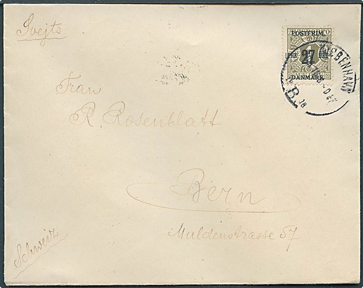 27/1 øre Provisorium single på brev fra Kjøbenhavn d. 19.6.1918 til Bern, Schweiz.