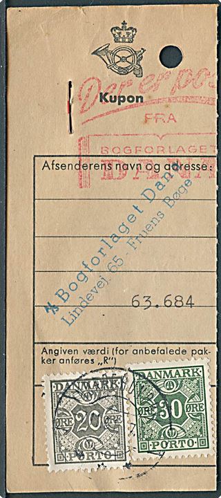 20 øre og 30 øre Portomærke stemplet Nørresundby d. 7.11.1961 som returporto på talon fra adressekort.
