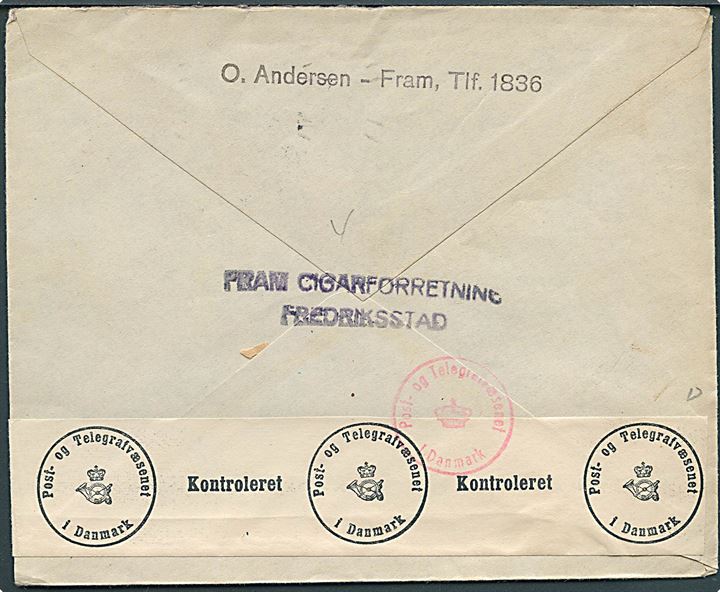 20 øre Løve på brev fra Frederikstad d. 13.9.1940 til København, Danmark. Åbnet af censuren i København.