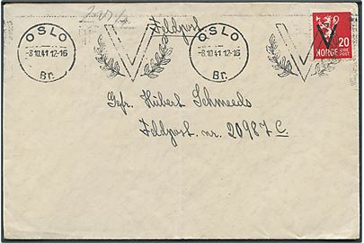 20 øre V provisorium på brev fra Oslo d. 8.10.1941 til soldat ved feldpost nr. 20987c (= 2. Kompanie Schützen-Verband z.b.V. Oslo). Åbnet af tysk feldpostcensur.
