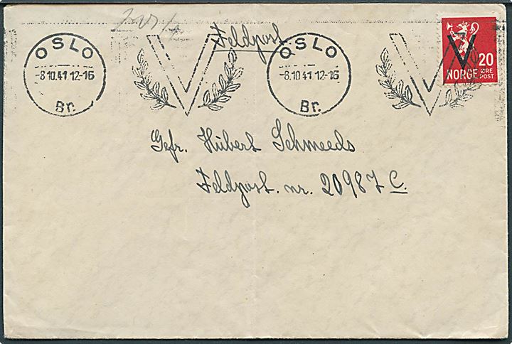 20 øre V provisorium på brev fra Oslo d. 8.10.1941 til soldat ved feldpost nr. 20987c (= 2. Kompanie Schützen-Verband z.b.V. Oslo). Åbnet af tysk feldpostcensur.