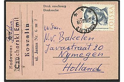 1 zl. single på tryksags-brevkort (skak) fra Koszalin 1961 til Holland.