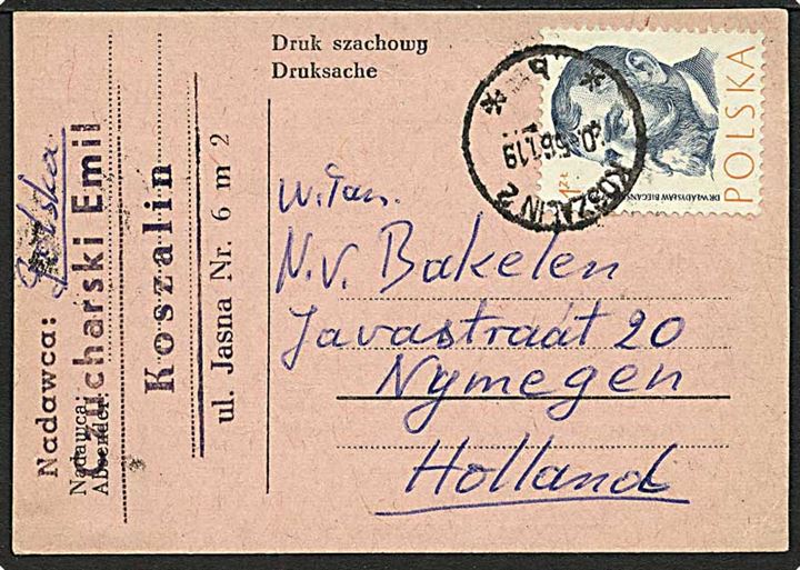 1 zl. single på tryksags-brevkort (skak) fra Koszalin 1961 til Holland.