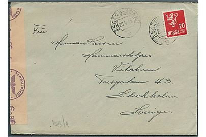 20 øre Løve på brev fra Åsgårdstrand d. 28.4.1945 til Stockholm, Sverige. Åbnet af sen tysk censur i Oslo.