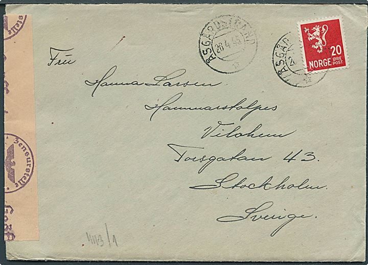 20 øre Løve på brev fra Åsgårdstrand d. 28.4.1945 til Stockholm, Sverige. Åbnet af sen tysk censur i Oslo.