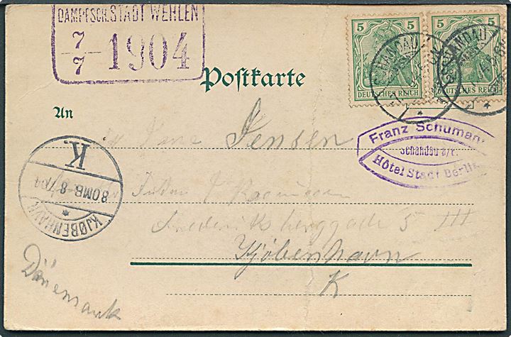 5 pfg. Germania i parstykke på brevkort stemplet Schandau d. 7.7.1904 og sidestemplet DAMPFSCH. STADT WEHLEN d. 7.7.1904 til Kjøbenhavn, Danmark. Lodret fold.