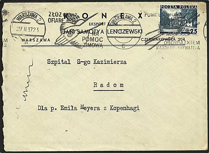 25 gr. Belweder single på brev fra Warszawa d. 17.2.1937 til Radom.