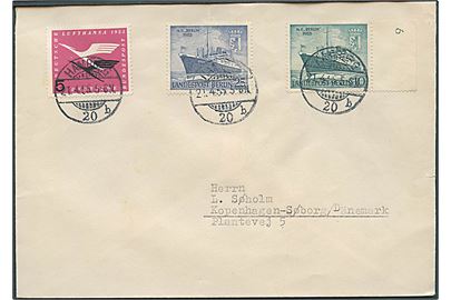 10 pfg. og 25 pfg. M/S Berlin, samt 5 pfg. Lufthansa på brev fra Hamburg d. 21.4.1955 til København, Danmark.