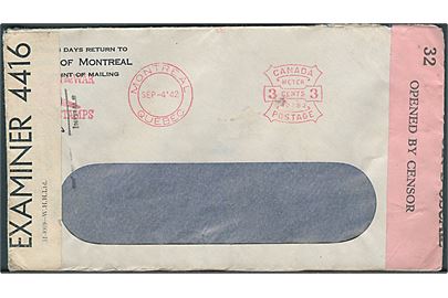 3 cents patriotisk firmafranko Win the War med bombefly på rudekuvert fra Montreal d. 4.9.1942.  Åbnet af både britisk og irsk censur.
