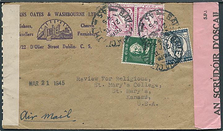 15d blandingsfrankeret luftpostbrev fra Dublin d. 21.2.1945 til St. Marys, USA. Åbnet af både irsk og britisk censur.