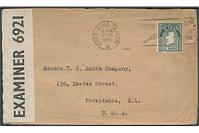 2d Landkort single på brev fra Dublin d. 27.2.1941 til Providence, USA. Åbnet af britisk censur PC90/6921.