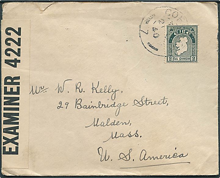 2d Landkort på brev fra Cork d. 21.10.1940 til Malden, USA. Åbnet af britisk censur PC90/4222.