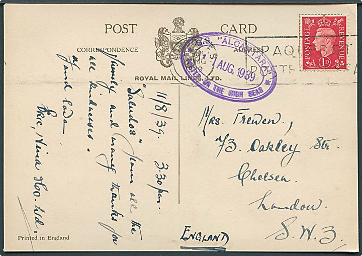 1d George VI på brevkort (RMS Alcantara) stemplet London Paquebot Posted at Sea d. x.8.1939 og sidestemplet S.S. Alcantara * Posted on the high seas * d. 11.8.1939 til London.