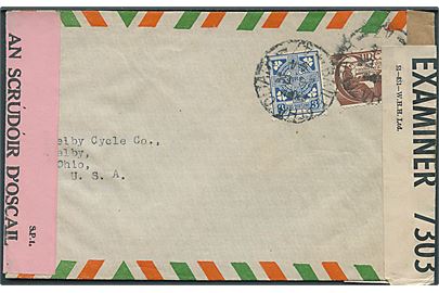 3d og 1 sh. (defekt) på luftpostbrev fra Dublin ca. 1944 til Ohio, USA. Åbnet af både irsk og britisk censur.