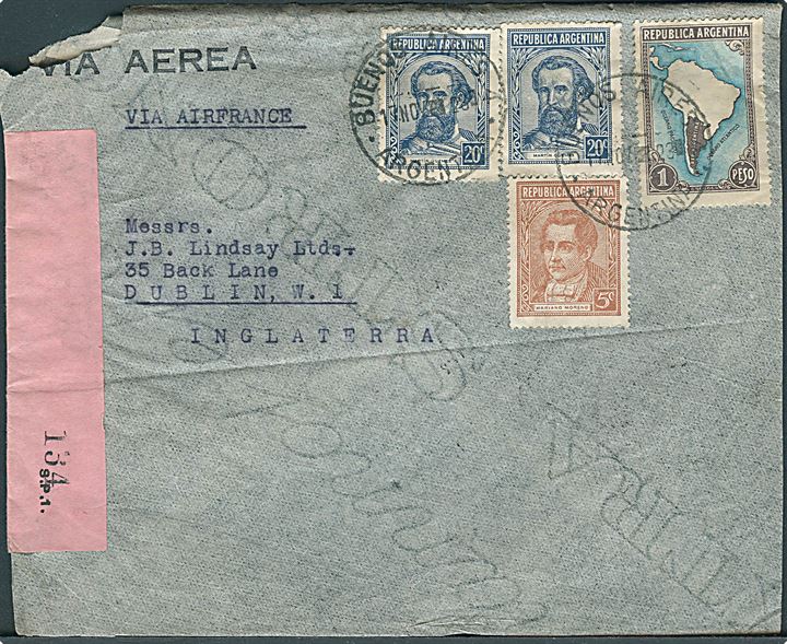 1,45 p. frankeret luftpostbrev fra Buenos Aires d. 17.11.1939 til Dublin, Irland. Åbnet af irsk censur no. 134.