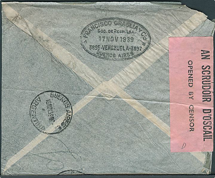 1,45 p. frankeret luftpostbrev fra Buenos Aires d. 17.11.1939 til Dublin, Irland. Åbnet af irsk censur no. 134.