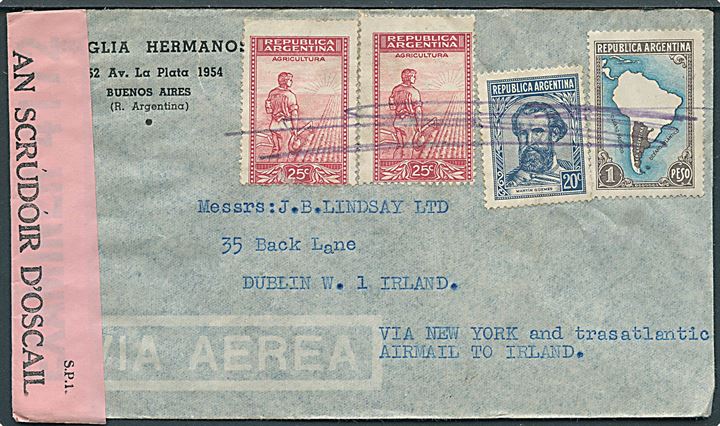 1,65 p. blandingsfrankeret luftpostbrev fra Buenos Aires til Dublin, Irland. Påskrevet: via New York and Transatlantic airmail to Ireland. Åbnet af britisk og irsk censur.