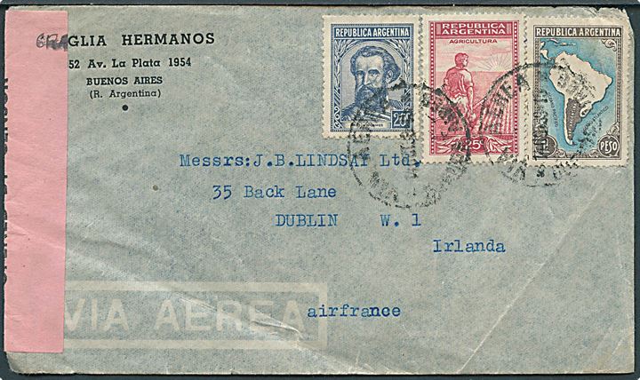 1,45 p. frankeret luftpostbrev fra Buenos Aires d. 14.10.1939 til Dublin, Irland. Påskrevet Air France. Åbnet af irsk censur no. 45.