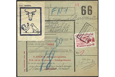 11 f. pakkepost mærke på fragtbrev fra Houdeng d. 4.8.1950. Påsat mærkat vedr. indhold af Levende dyr