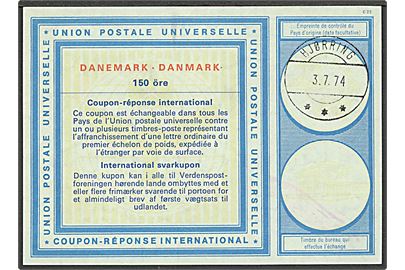 150 øre International svarkupon med sjældent brotype IIh postsparebank (type 1) stempel Hjørring d. 3.7.1974. Stempel hidtil kun registreret i 3 mdr. i 1969. 
