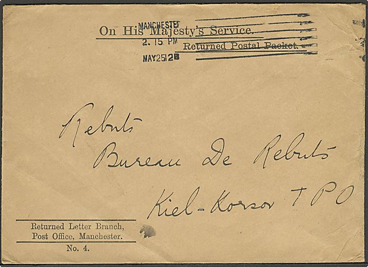 Ufrankeret engelsk postsag fra Returned Letter Branch, Manchester d. 25.5.1912 påtrykt: Returned Postal Packet til Bureau de Rebuts, Kiel-Korsør TPO. Usædvanlig modtager: Skibspostkontoret Korsør-Kiel.