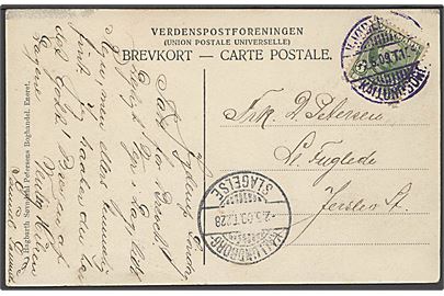 5 øre Fr. VIII på brevkort fra Jyderup annulleret med VIOLET bureaustempel Kjøbenhavn - Kallundborg T.115 d. 2.5.1909 via Kallundborg - Slagelse T.228 til Jerslev. 