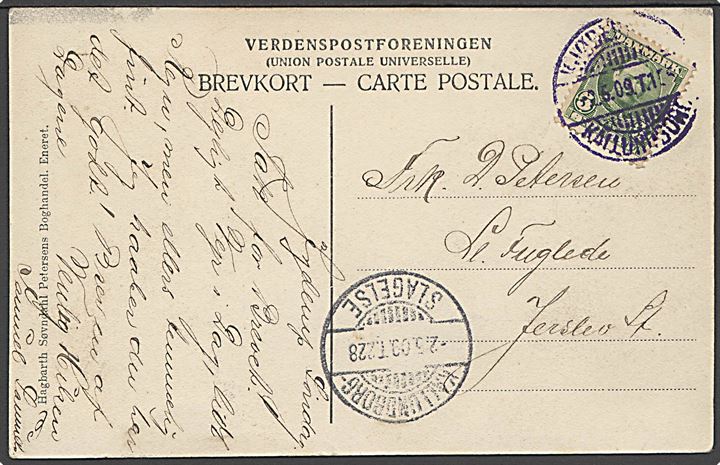 5 øre Fr. VIII på brevkort fra Jyderup annulleret med VIOLET bureaustempel Kjøbenhavn - Kallundborg T.115 d. 2.5.1909 via Kallundborg - Slagelse T.228 til Jerslev. 