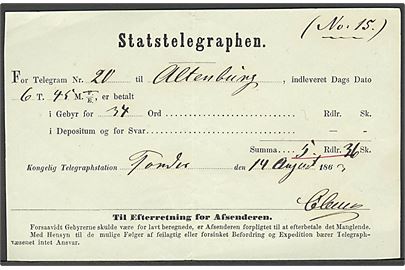 1863. Kvittering fra Statstelegraphen for telegram på 34 ord indleveret på den kgl. Telegraphstation i Tønder d. 14.8.1863 til Altenburg. Betalt 5 Rdlr. 26 Sk.