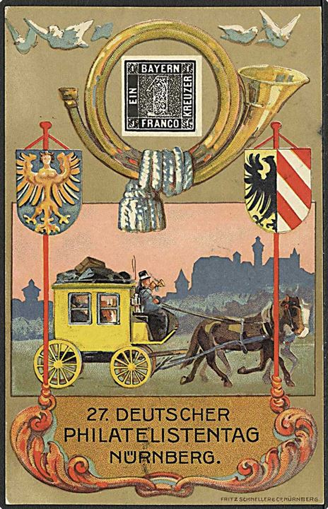 40 pfg. uadresseret privat illustreret helsagsbrevkort 27. Deutscher Philatelisten-Tag med 5 pfg., 10 pfg. og 20 pfg. udstillings-mærker annulleret med særstempel fra Nürnberg d. 24.7.1921.