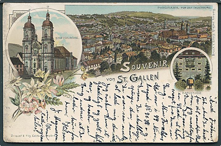 St. Gallen, Souvenir von. L. Glaser u/no. Anvendt fra den Skandinaviske Forening i St. Gallen.