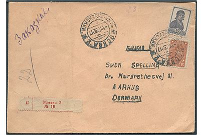 5 kop. og 30 kop. på anbefalet brev fra Moskva d. 1.12.1932 til Aarhus, Danmark.