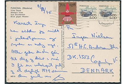 Julemærke 1978 på brevkort fra Funchal, Madeira d. 8.12.1978 til København, Danmark.