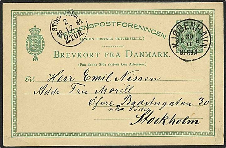 10 øre helsagbrevkort annulleret med lapidar stempel Kjøbenhavn KB d. 30.11.1881 til Stockholm, Sverige.