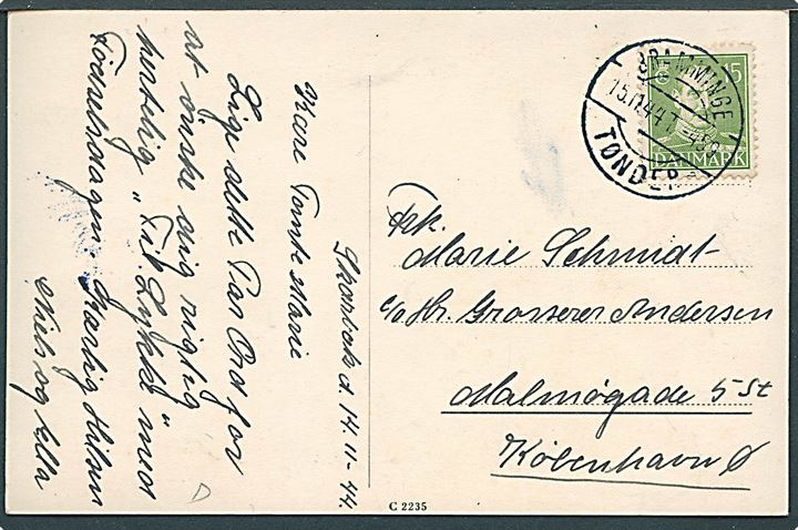 15 øre Chr. X på brevkort (Kronprinsessen med prinsesse Margrethe) dateret Skærbæk annulleret med bureaustempel Bramminge - Tønder sn2 T.459 d. 15.11.1944 til København.