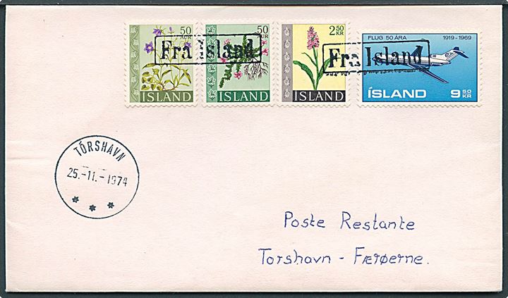 Islandsk 11 kr. blandingsfrankeret skibsbrev annulleret Fra Island og sidestemplet Tórshavn d. 25.11.1974 til Tórshavn, Færøerne.