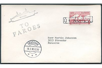 Norsk 1,25 kr. Dampskib på brev annulleret med skibsstempel Úr Noreg og sidestemplet Tórshavn d. 10.7.1978 til Strendur, Færøerne.