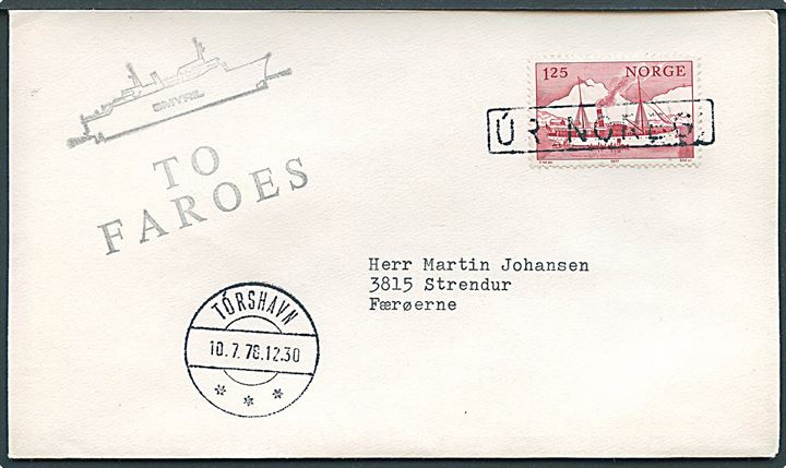 Norsk 1,25 kr. Dampskib på brev annulleret med skibsstempel Úr Noreg og sidestemplet Tórshavn d. 10.7.1978 til Strendur, Færøerne.