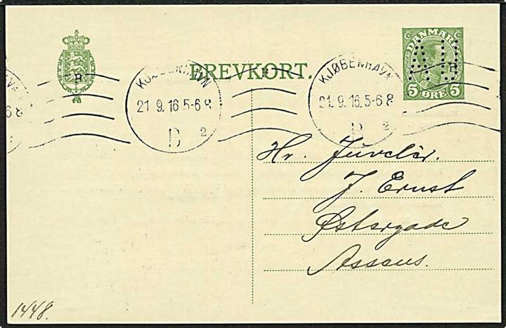 5 øre Chr. helsagsbrevkort emed perfin AU (Arbejdsgivernes Ulykkesforsikring) fra Kjøbenhavn d. 21.9.1916 til Assens.