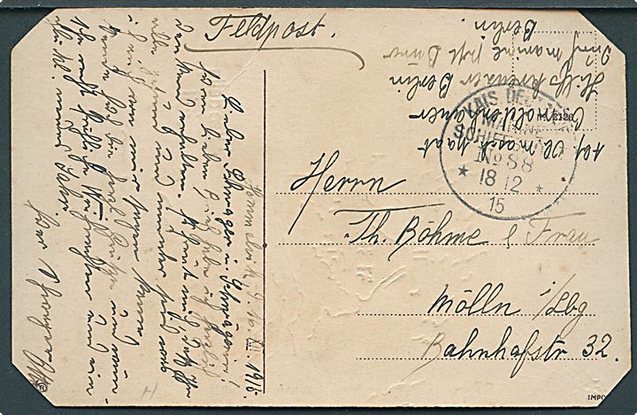 Ufrankeret interneret postkort fra besætning fra den tyske hjælpekrydser SMH Berlin i Hommelvik, Norge stemplet Kais. Deutsche Marineschiffspost No. 88 d. 18.12.1915 til Mölln, Tyskland. Hjørner afklippet.